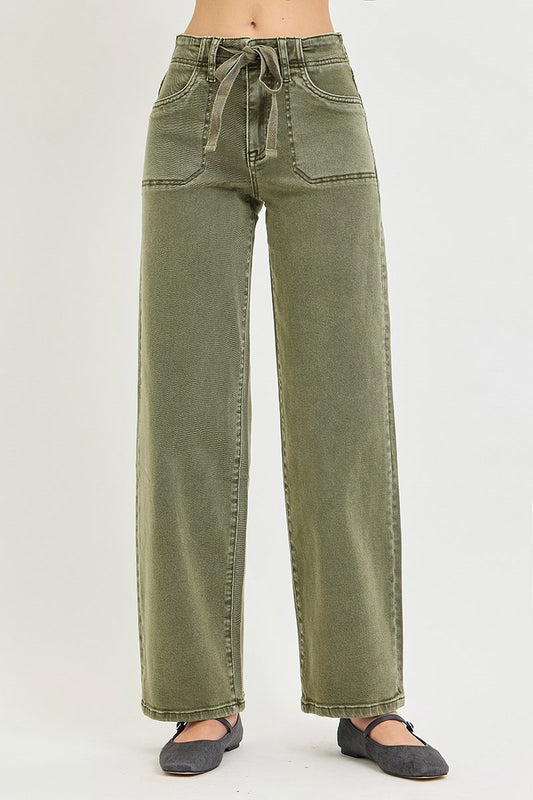 Charlie High Rise Wide Baggy Burnt Olive Jeans by Risen