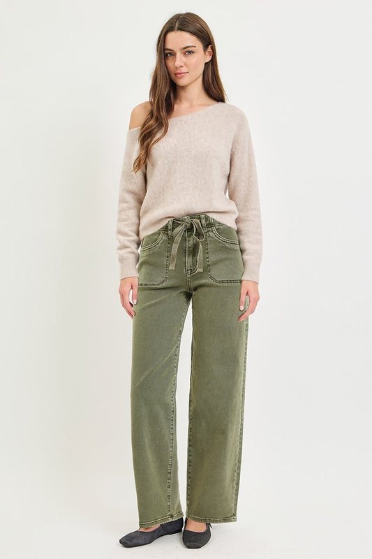 Charlie High Rise Wide Baggy Burnt Olive Jeans by Risen