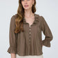 Elevator Ruffled V Neck Button 3/4 Sleeve Blouse