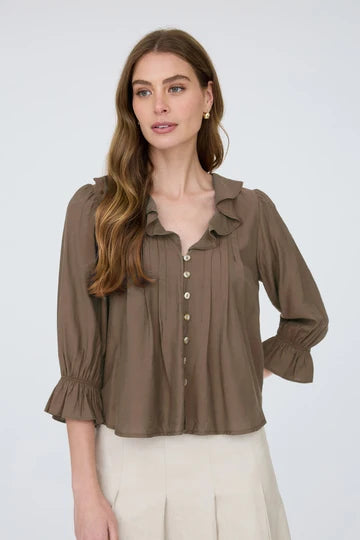 Elevator Ruffled V Neck Button 3/4 Sleeve Blouse