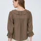 Elevator Ruffled V Neck Button 3/4 Sleeve Blouse