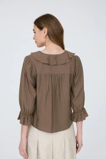 Elevator Ruffled V Neck Button 3/4 Sleeve Blouse