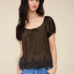 Pinstripe Front Tie Lace Hem Top Blouse