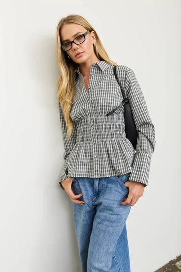 Plaid Collared Shirred Waist Long Sleeve Shirt