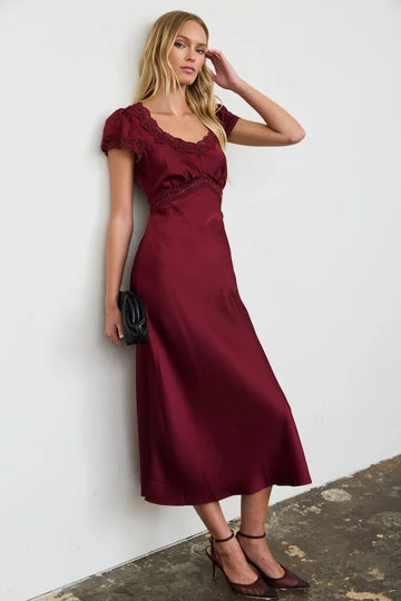 Cory Satin Lace Trim Puff Sleeve Midi Dress