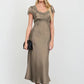 Cory Satin Lace Trim Puff Sleeve Midi Dress