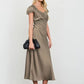 Cory Satin Lace Trim Puff Sleeve Midi Dress