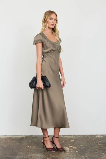Cory Satin Lace Trim Puff Sleeve Midi Dress