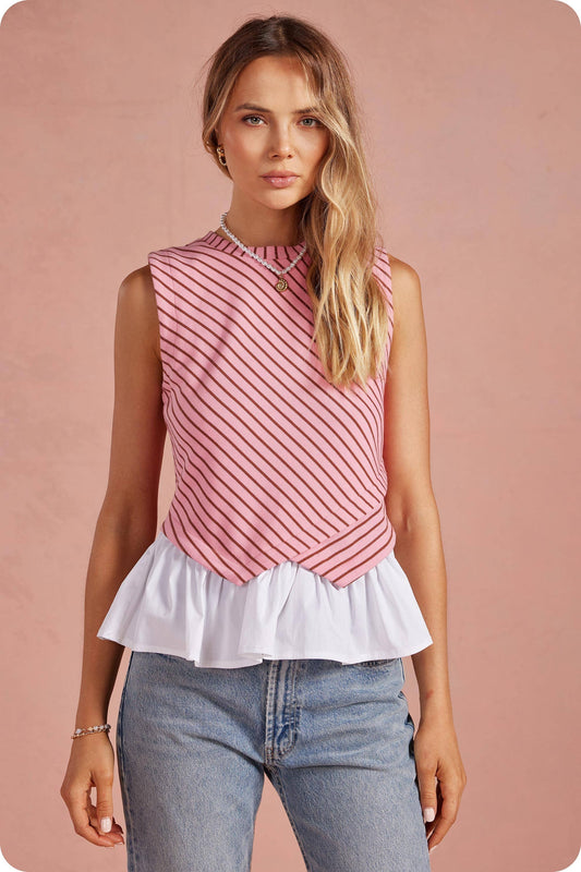 Georgetown Wrap-Over Mixed Media Sleeveless Striped Knit Top