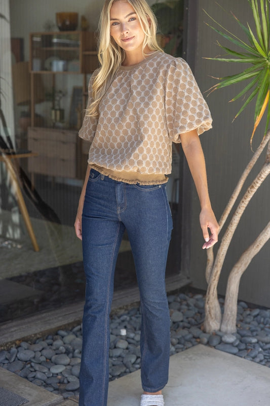 Zoey Textured Polka Dot Rib Banded Bubble Sleeve Top