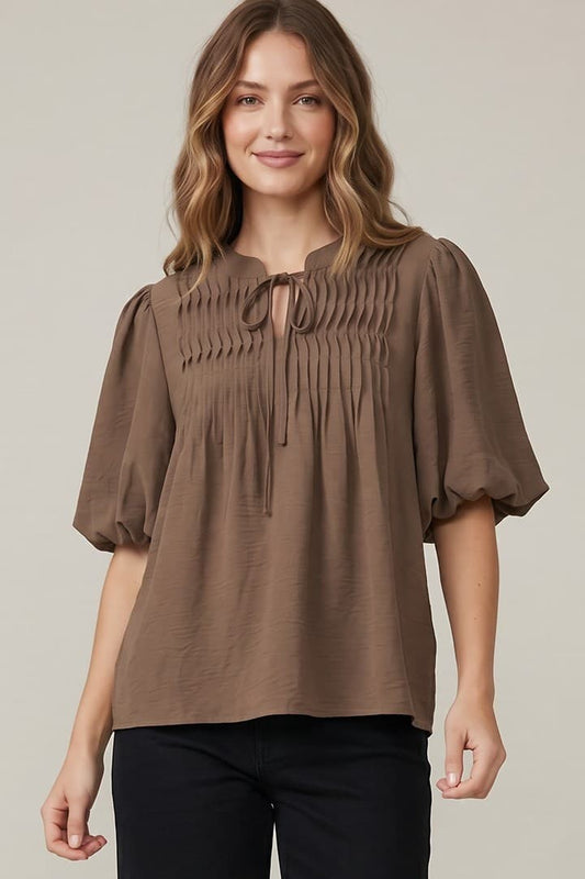 Sierra Puff Sleeve Pintuck Detail With Neck Tied Woven Top
