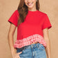 Paducah Ruffle Frill Asymmetric Hem Mixed Media Knit Tee Top
