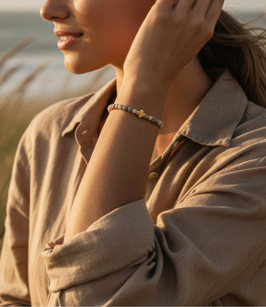 Faith Over Fear Feldspar Stretch Bracelet w/ Cross