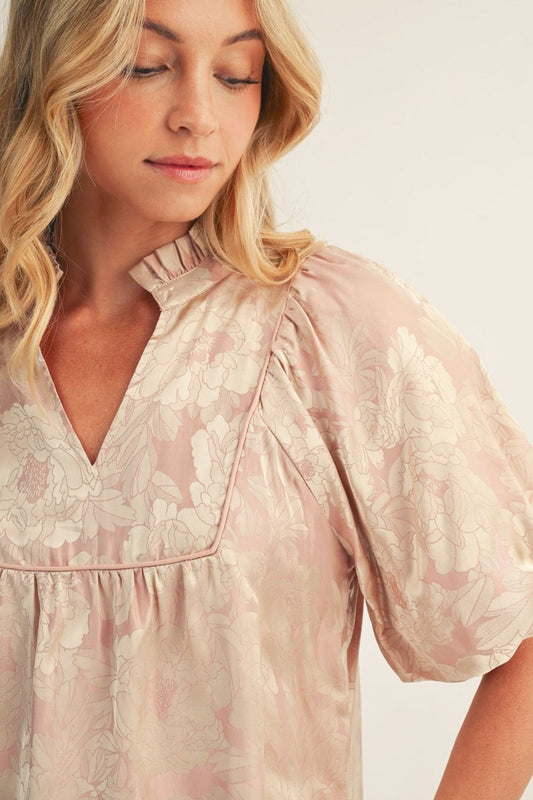 Bronx Puff Sleeves Ruffled Neck Floral Jacquard Top