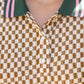Golden Quarter Button Stripe Band Checker Print Knit Top