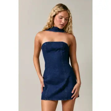 Scarf Detail Denim Tube Mini Dress