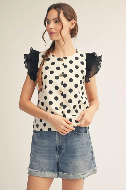 Button Dot Ruffle Sleeve Blouse