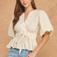 Somerset Dotted Textured Puff Sleeve Tie Waist Peplum Top