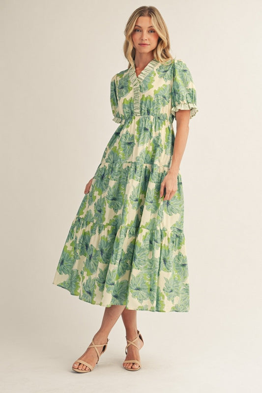 Ivy Ruffled Neckline Tiered Floral Midi Dress