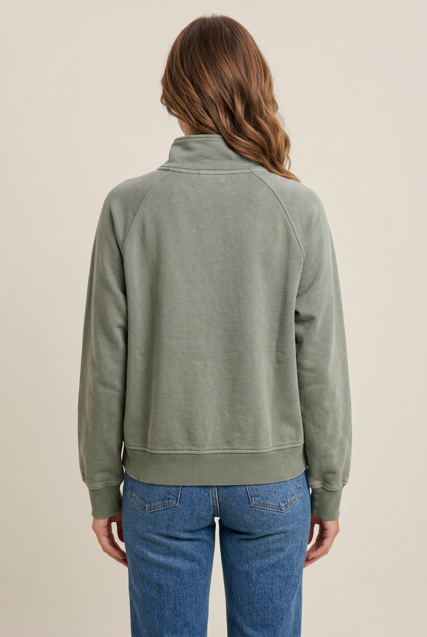 Back model view of sage pullover