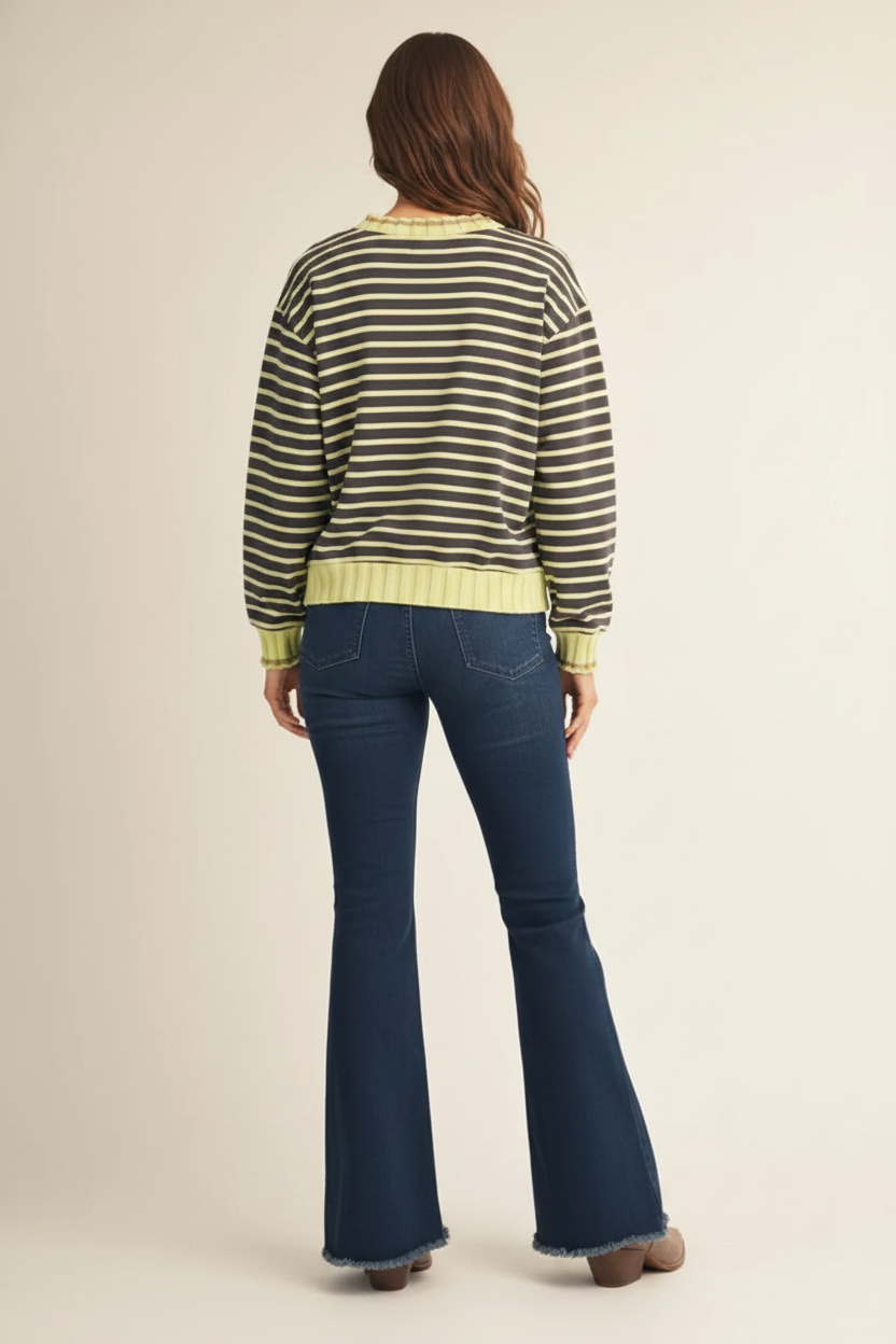 Back View - Striped Contrast Trim Sweatshirt