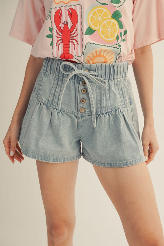 Tara Drawstring Waist Flare Denim Shorts