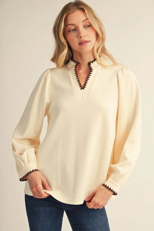 Kit Contrast Triangle Notch Balloon Sleeve Blouse