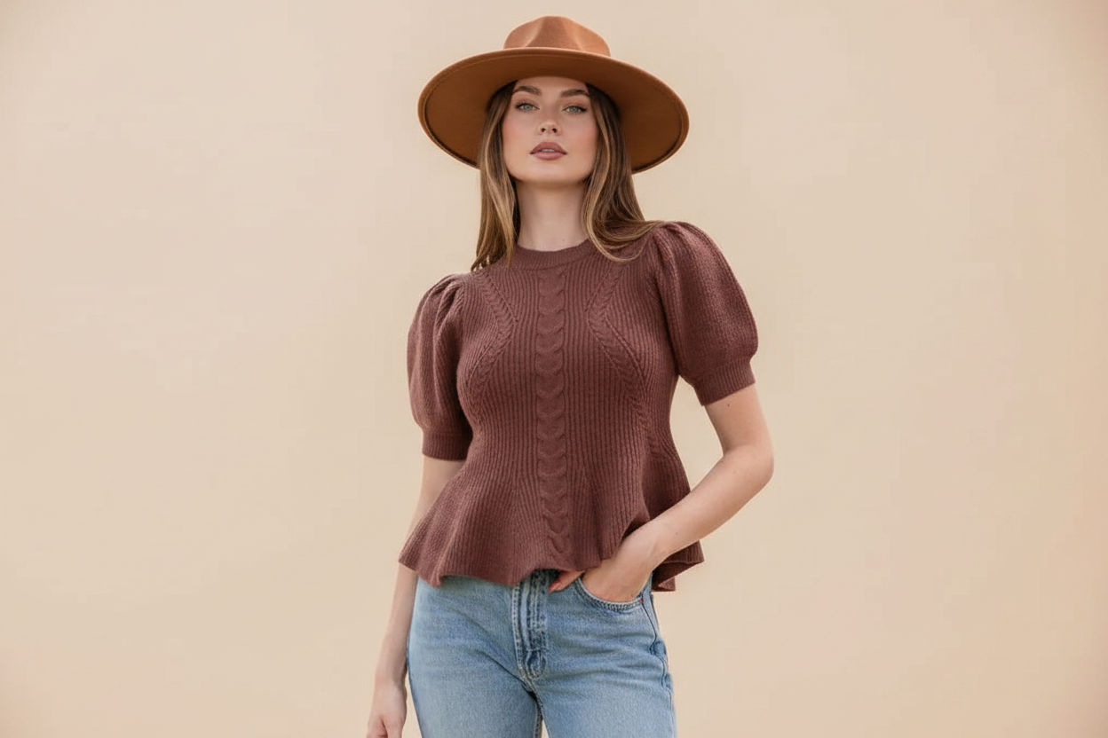 Brown Puff Sleeve Sweater - Front Neutral