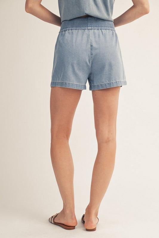 Easy Elastic Waist Washed Denim Shorts