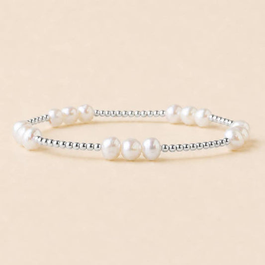 Trio Silver Plated Beaded Stretch Bracelet with Pearls