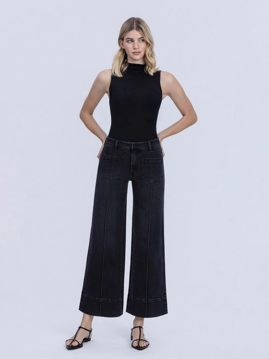 Etta High Rise Pintuck Crop Wide Black Jeans by Vervet Flying Monkey