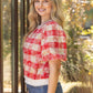 Eternal Solid Ribbed Band Bubble Sleeve Plaid  Top