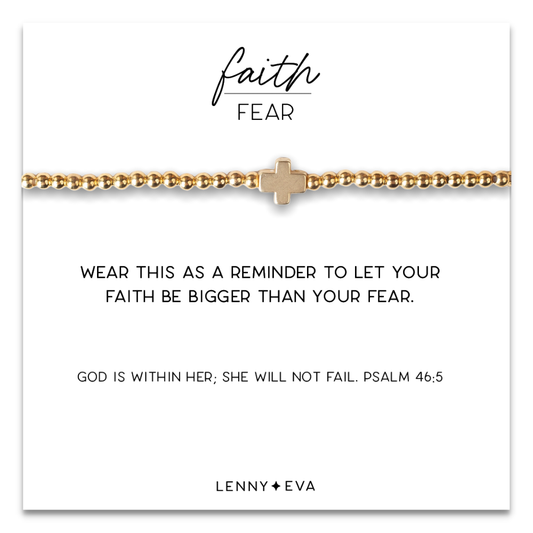 Faith Over Fear Gold Beaded Stretch Bracelet w/ Cross