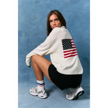 Callie Long Sleeve Collared USA Flag Half Zip Sweater