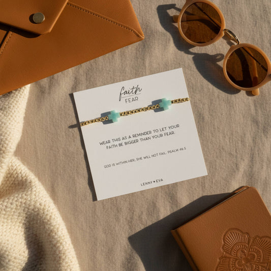 Faith Over Fear Amazonite Gemstone Cross Beaded Bracelet