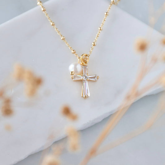 Pearl, CZ Cross Necklace 