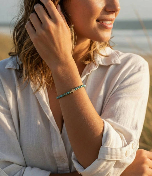 Faith Over Fear Turquoise Jasper Stretch Bracelet w/ Cross