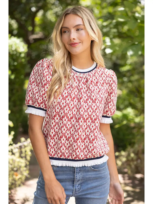 Megan Stripe Knit Band Detail Floral Puff Sleeve Top