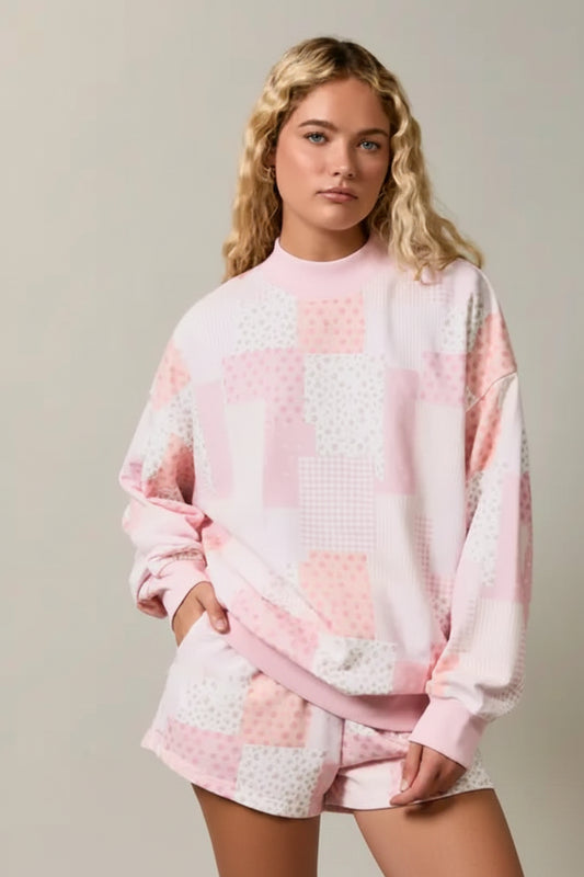 Tessa Mock Neck Long Sleeve Patch Work Print Sweatshirt