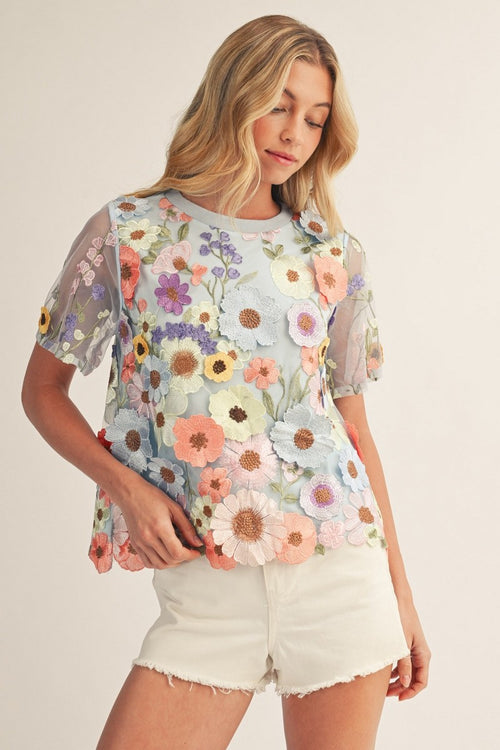3D Floral Applique Sheer Mesh Layered Top
