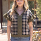 Harvest Silver Grommet Solid Suede Contrast Plaid Top