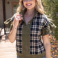 Harvest Silver Grommet Solid Suede Contrast Plaid Top