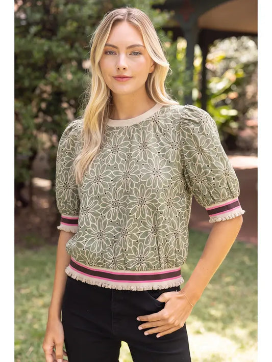 Eugene Stripe Band Detail Floral Eyelet Top