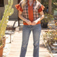 Harvest Silver Grommet Solid Suede Contrast Plaid Top