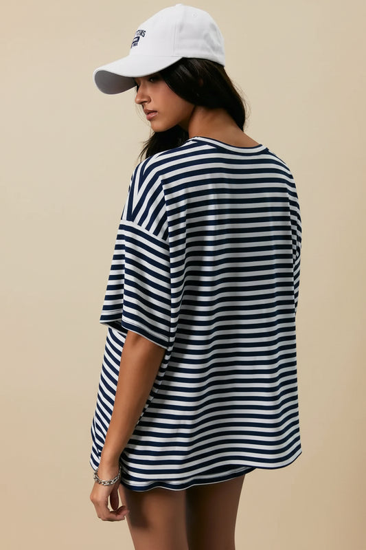 Evelynn Tee Short Sleeve Round Neck Oversized Stripe T-Shirt
