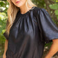 Park City Ribbed Knit Band Solid Faux Leather Top