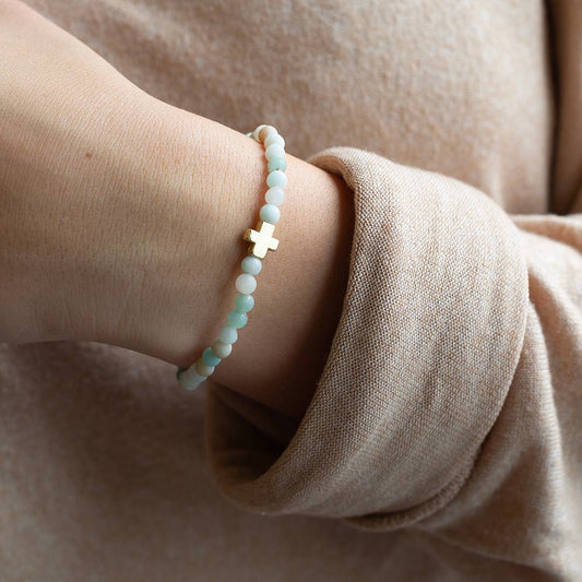 Faith Over Fear Amazonite Stretch Bracelet w/ Cross