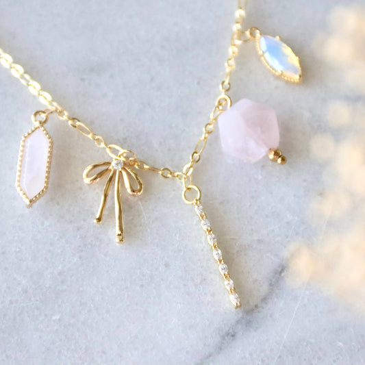 Rose Quartz Opalite Bow Charm Necklace