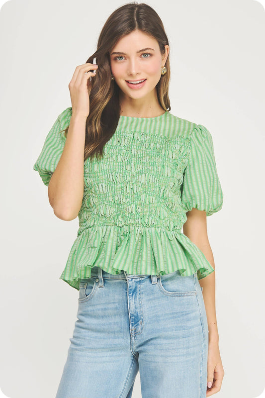 Covington Wavy Smocking Detail Short Puff Sleeve Top