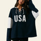 Crisscross Drawstring USA Long Sleeve Crew Neck Color Blocked Oversized Shirts